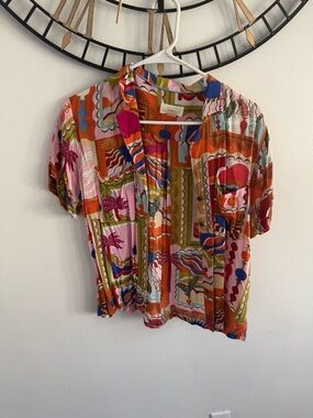 Anthropologie Pink and Orange Printed Short-Sleeve Button Blouse